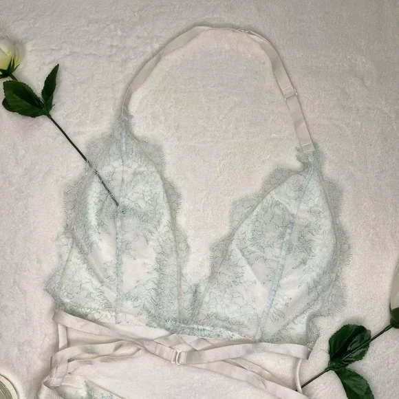 Victoria's Secret White And Light Blue Halter Neck Lace Teddy Lingerie - Picture 8 of 8